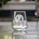 Rolf Glass Jinx Witch 15.75oz Stemless Wine Glass lifestyle photo with a Halloween wine glass on a kitchen counter