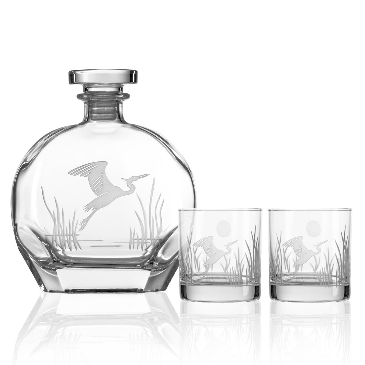Rolf Glass Flying Heron 23oz Whiskey Decanter 3pc Set