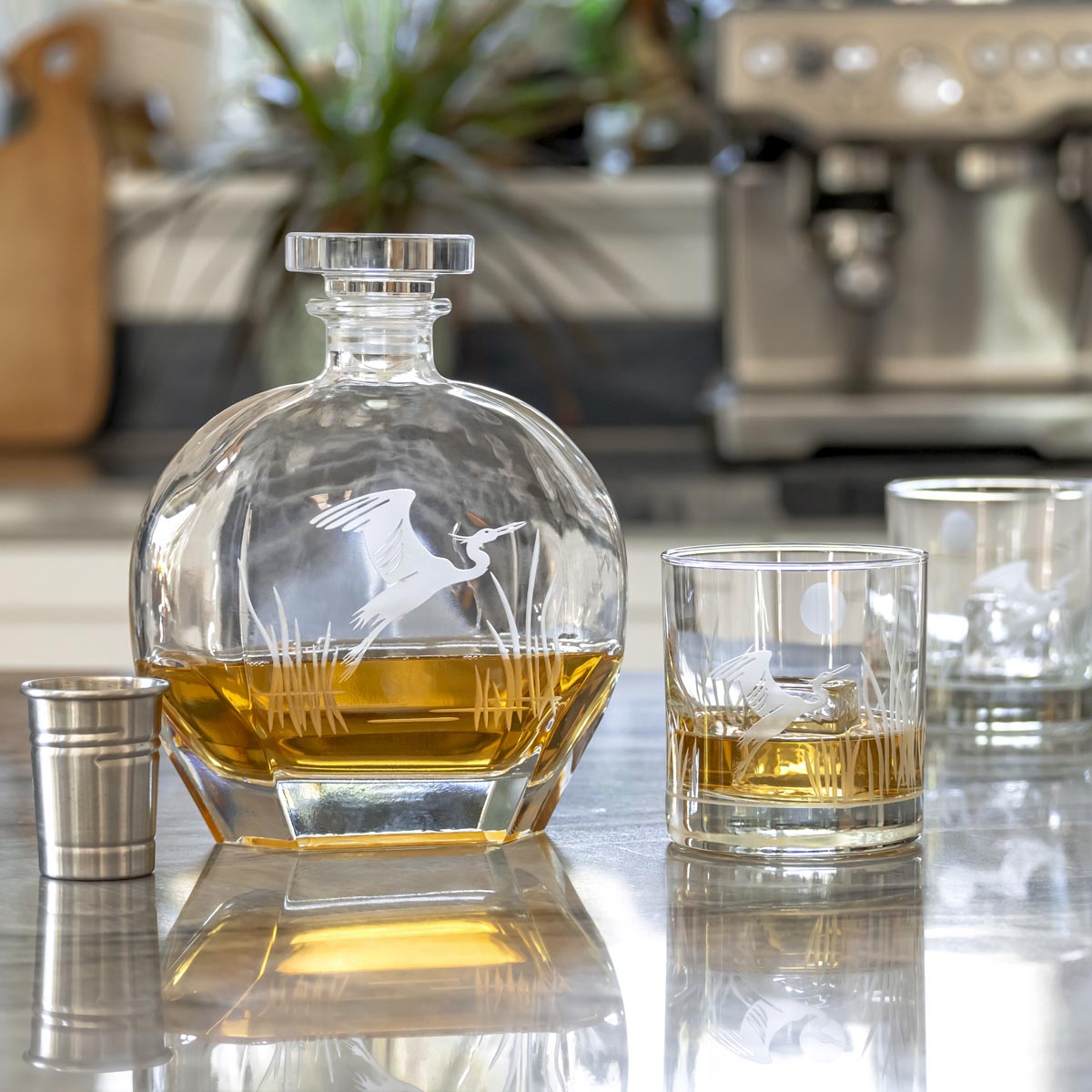 Rolf Glass Flying Heron 23oz Whiskey Decanter 3pc Set