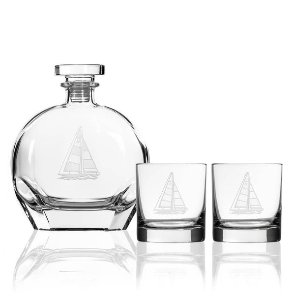 Rolf Glass Sailboat 23oz Whiskey Decanter 3pc Set