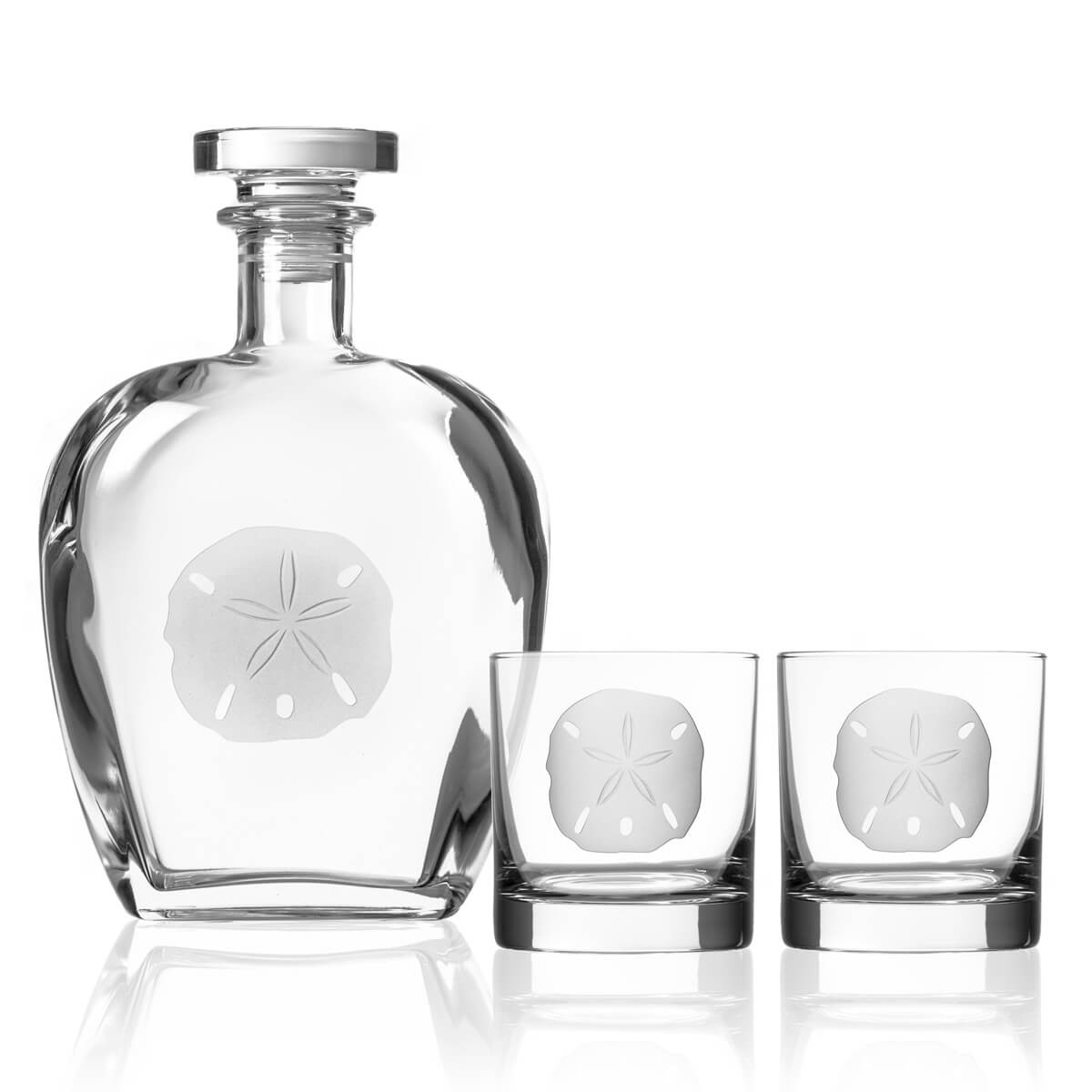 Rolf Glass Sand Dollar 23oz Whiskey Decanter 3pc Set