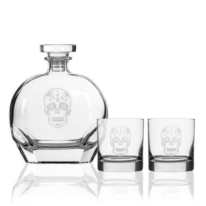Rolf Glass Sugar Skull 23oz Whiskey Decanter Set of 3